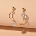 Minimalist Gold Metal Moon Star Transparent Beads Asymmetric Pierced Earrings