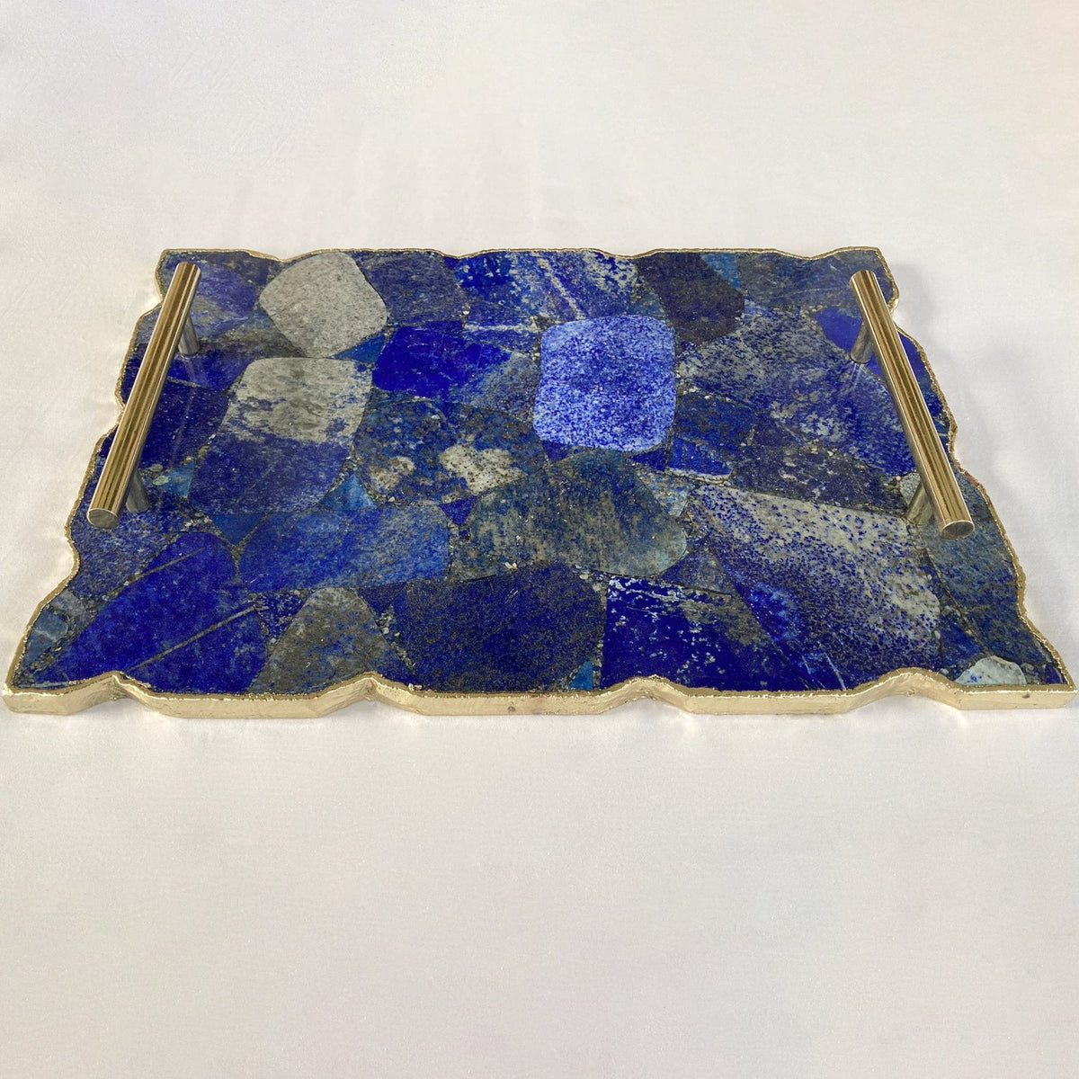 Large Lapis Lazuli Serving Tray With Plain Modern Brass Handles 10"x15"
