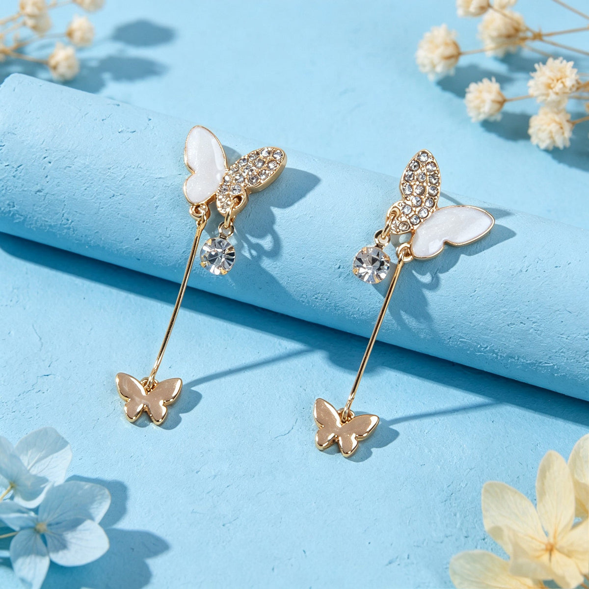 Gold Shiny Double Butterfly Long Dangle Earrings Exquisite Evening Party Jewelry