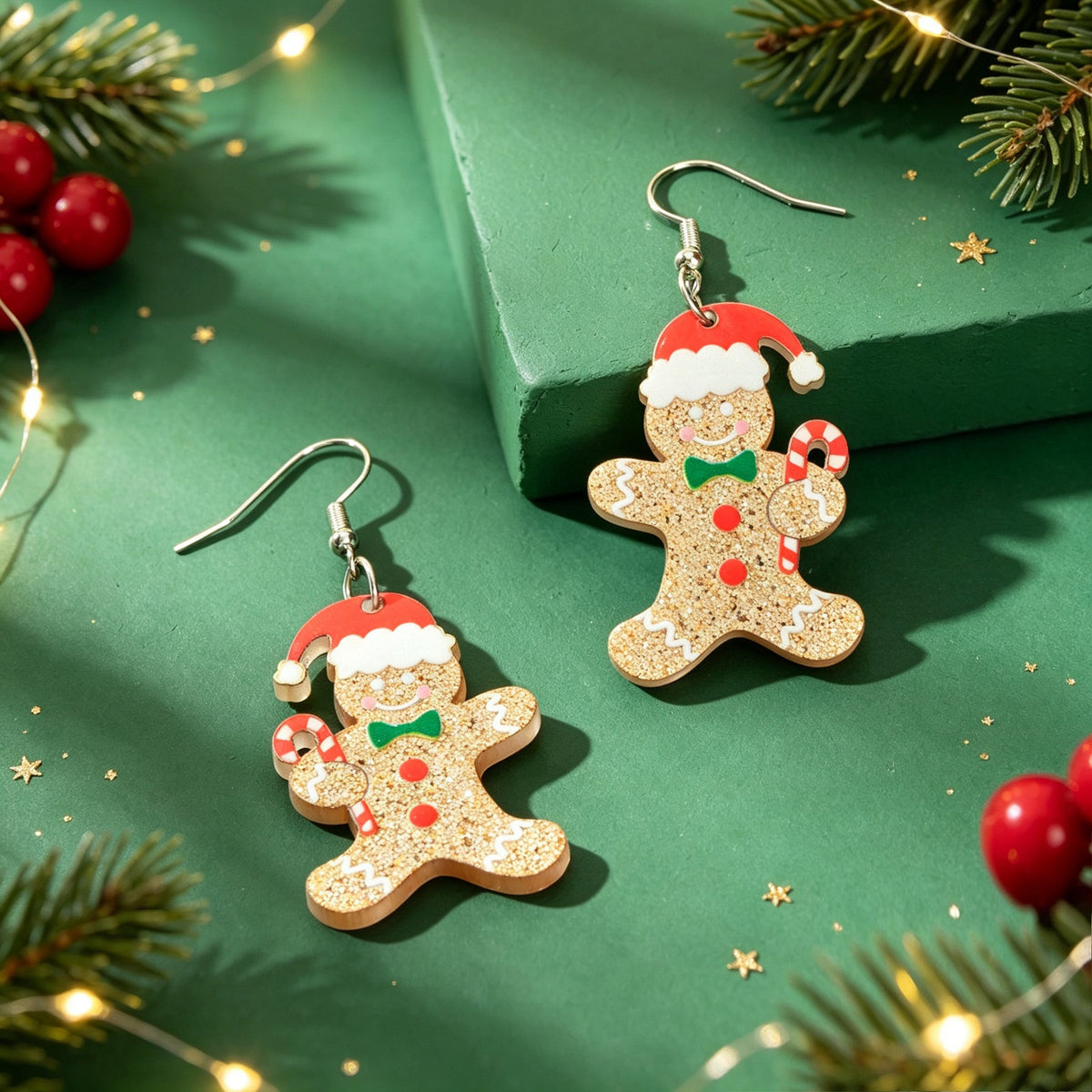 Christmas Cute Sparkly Gingerbread Man Dangle Earrings Holiday Party Jewelry Gift