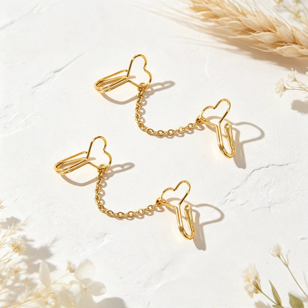 2pcs Heart Chain Linked Ear Cuff Punk Street Gold Non-Pierced Cartilage Ear Clip