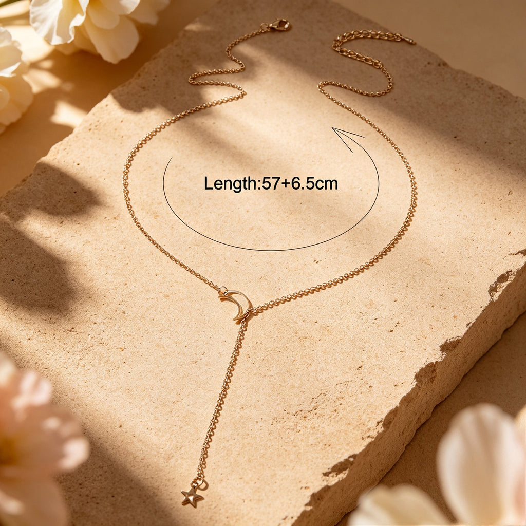 Gold Y-shaped long necklace with crescent moon and star drop charm, adjustable fit