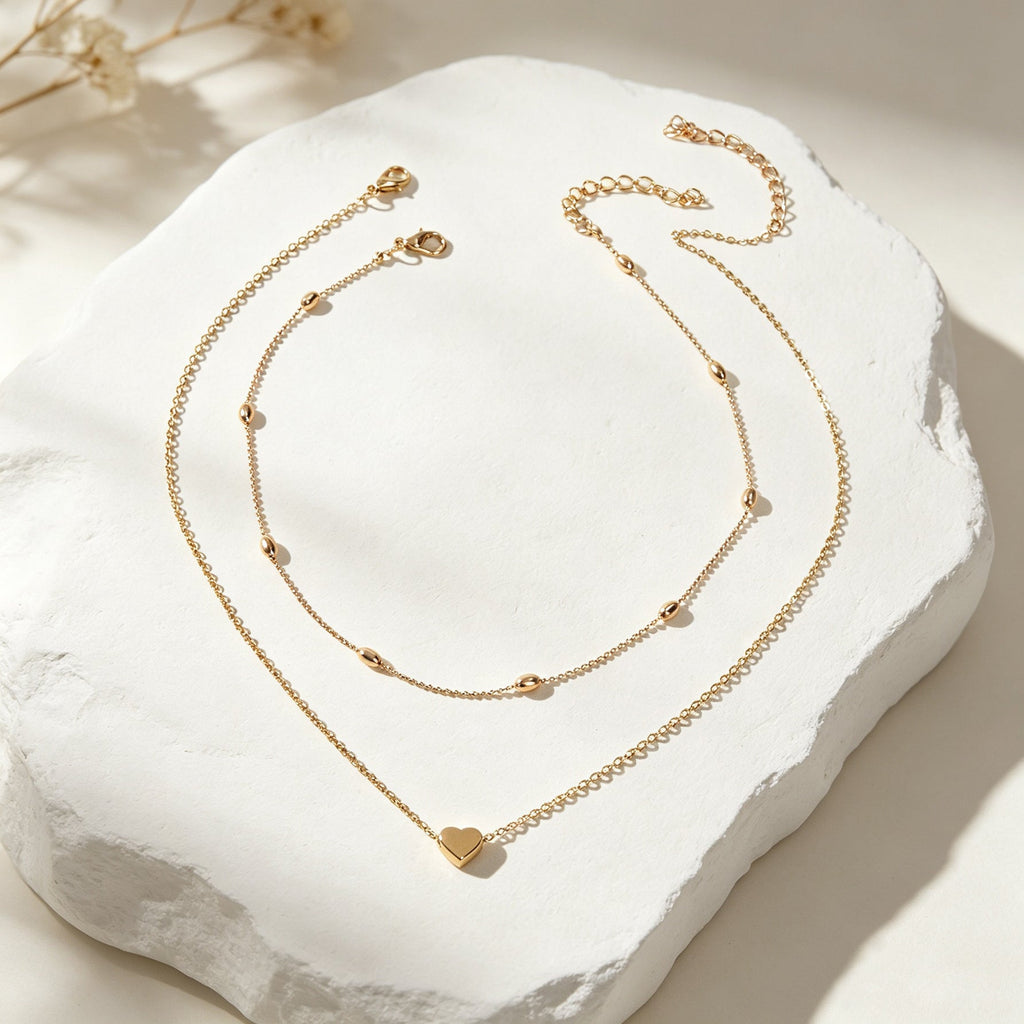 2 pcs Double layered Chain Heart Charm Necklace Fashion Women Gift Jewellery