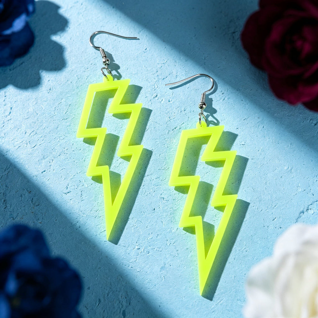 Neon yellow lightning bolt dangle earrings with silver hooks