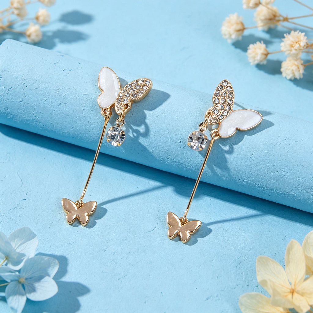 White Enamel Rhinestone Butterfly Pendant Earrings Dainty Gifts for Women Teens