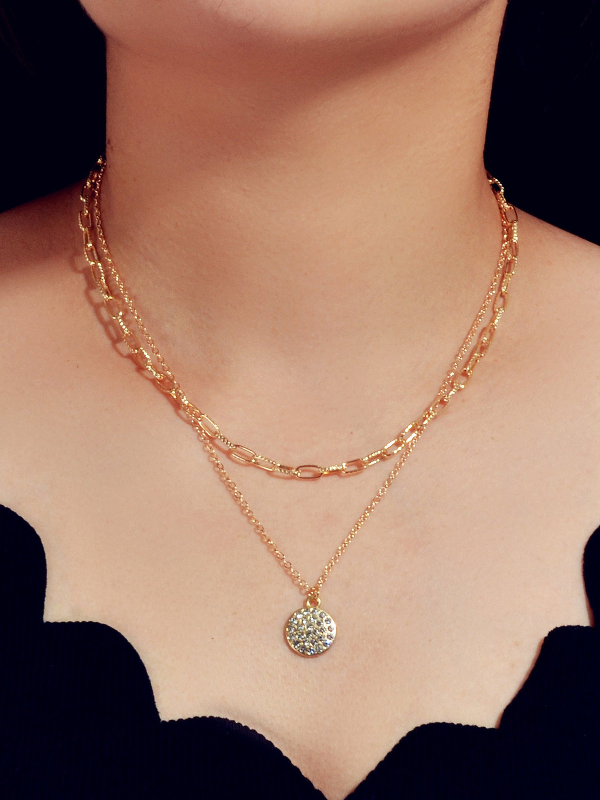 Female Jewellery Double layer Paperclip Gold Silver Chain Round Pendant Necklace