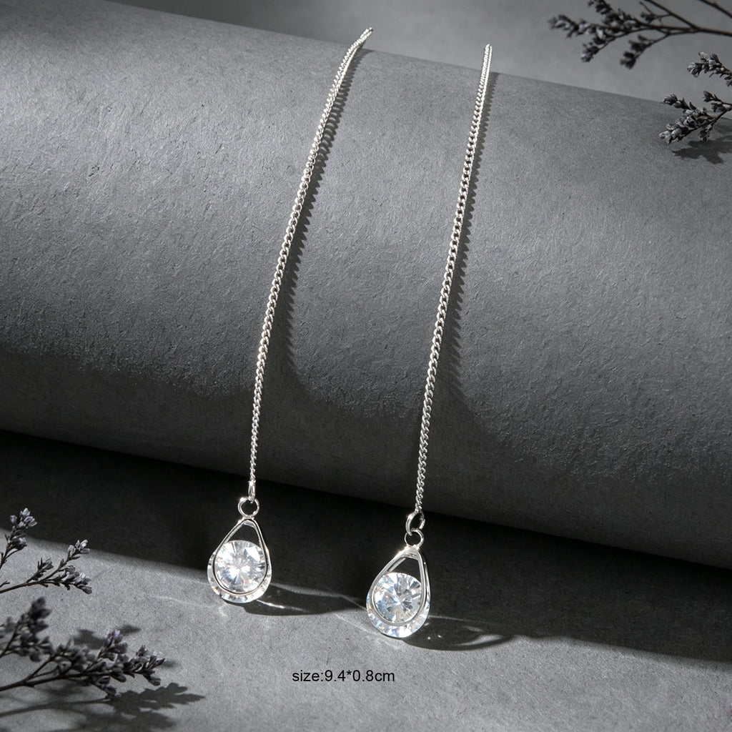 Silver Long Thin Chain Glitter Water Drop Dangle Earrings Dainty Ear Line Elegant Party Banquet Jewelry