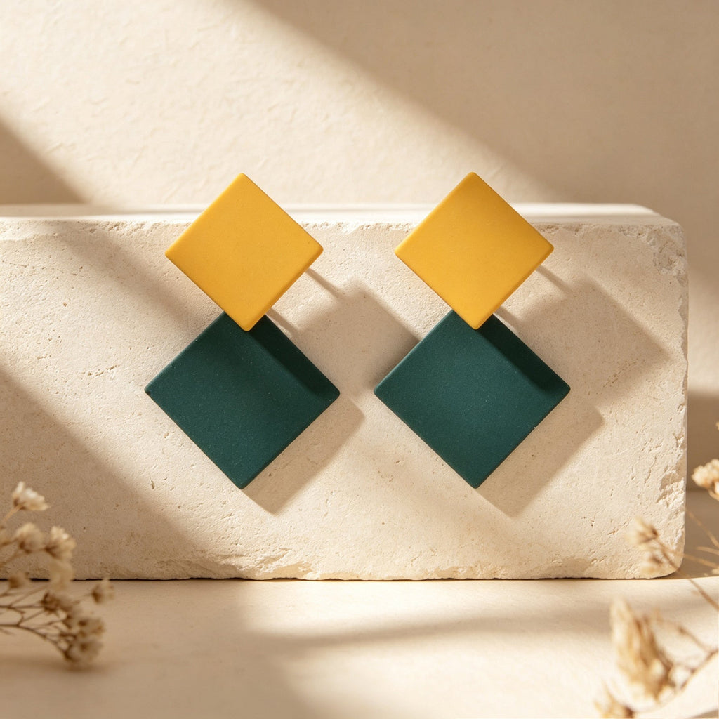 Retro Two Tone Geometric Square Stud Earrings Elegant Daily Party Jewelry Gift
