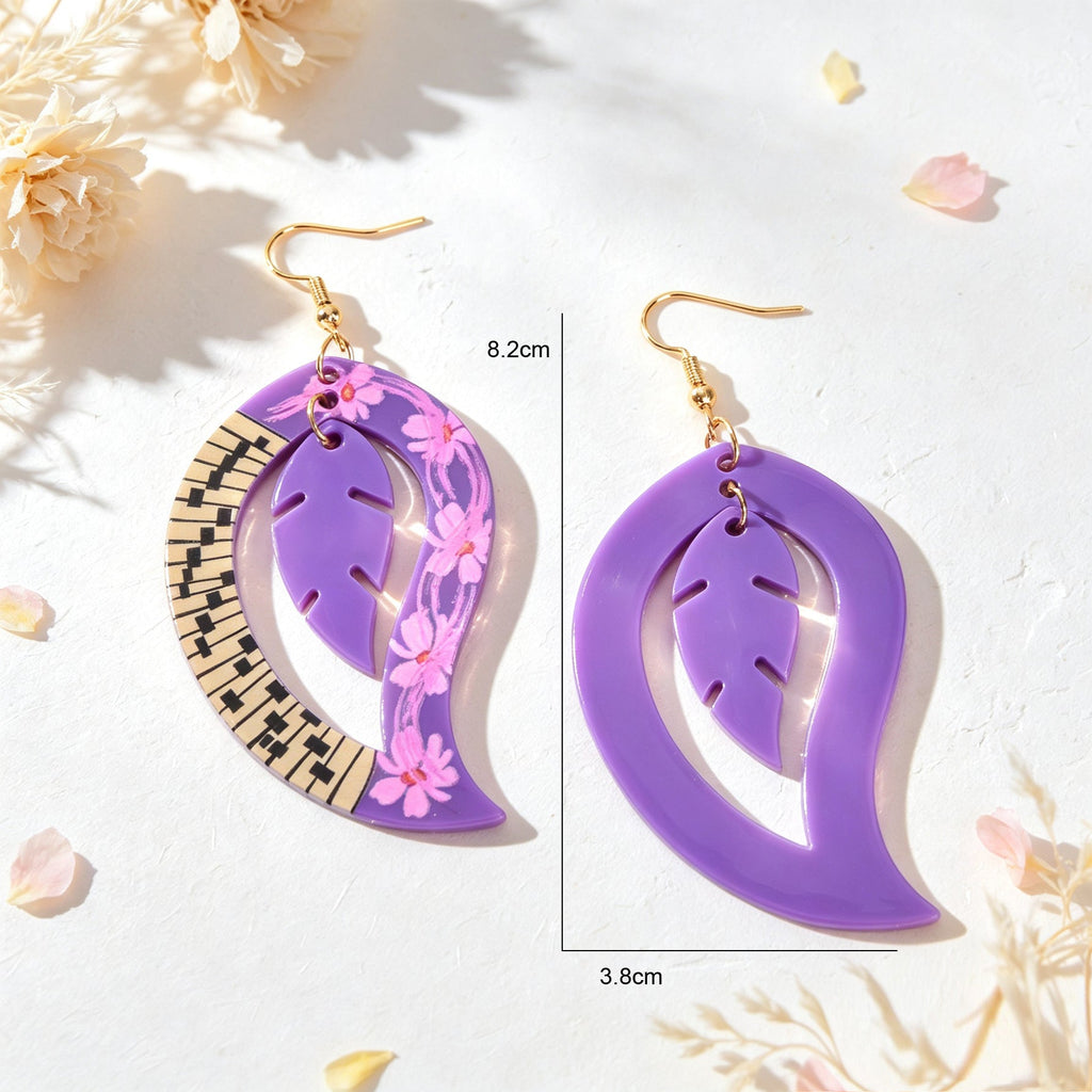 Purple floral leaf dangle earrings with gold hooks and piano-key patterned back