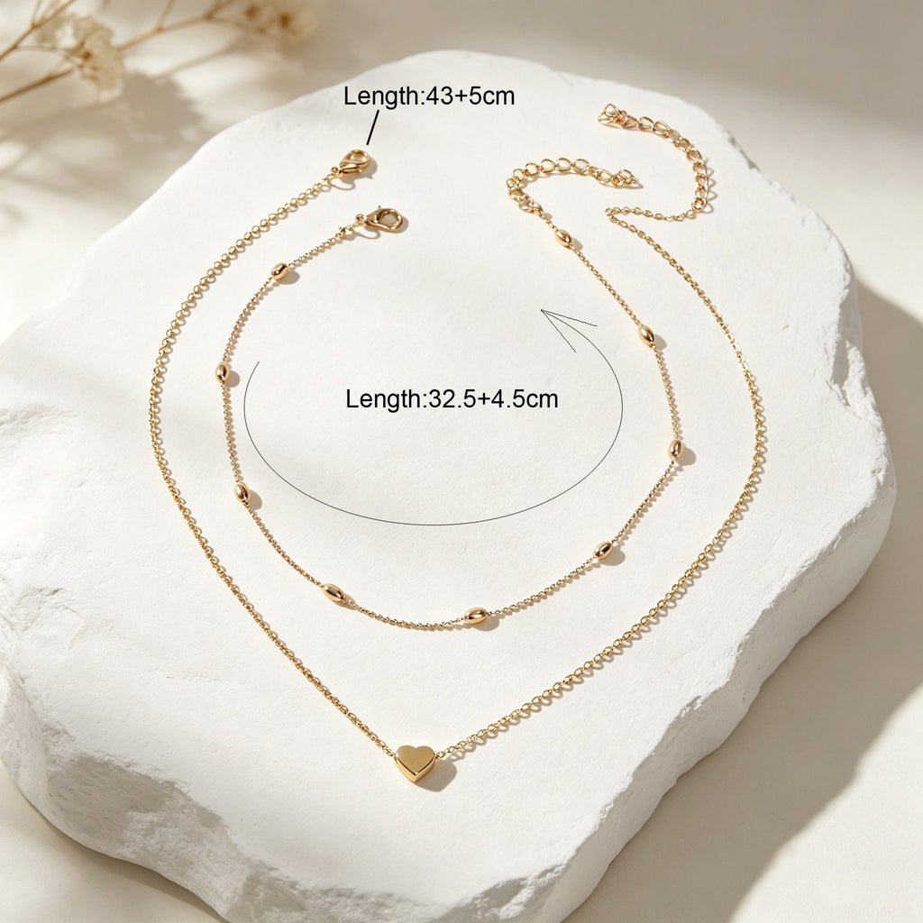 2 pcs Double layered Chain Heart Charm Necklace Fashion Women Gift Jewellery