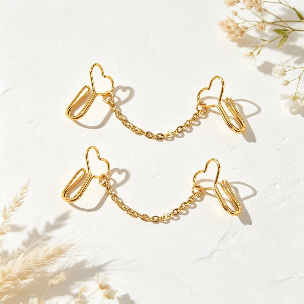 2pcs Heart Chain Linked Ear Cuff Punk Street Gold Non-Pierced Cartilage Ear Clip