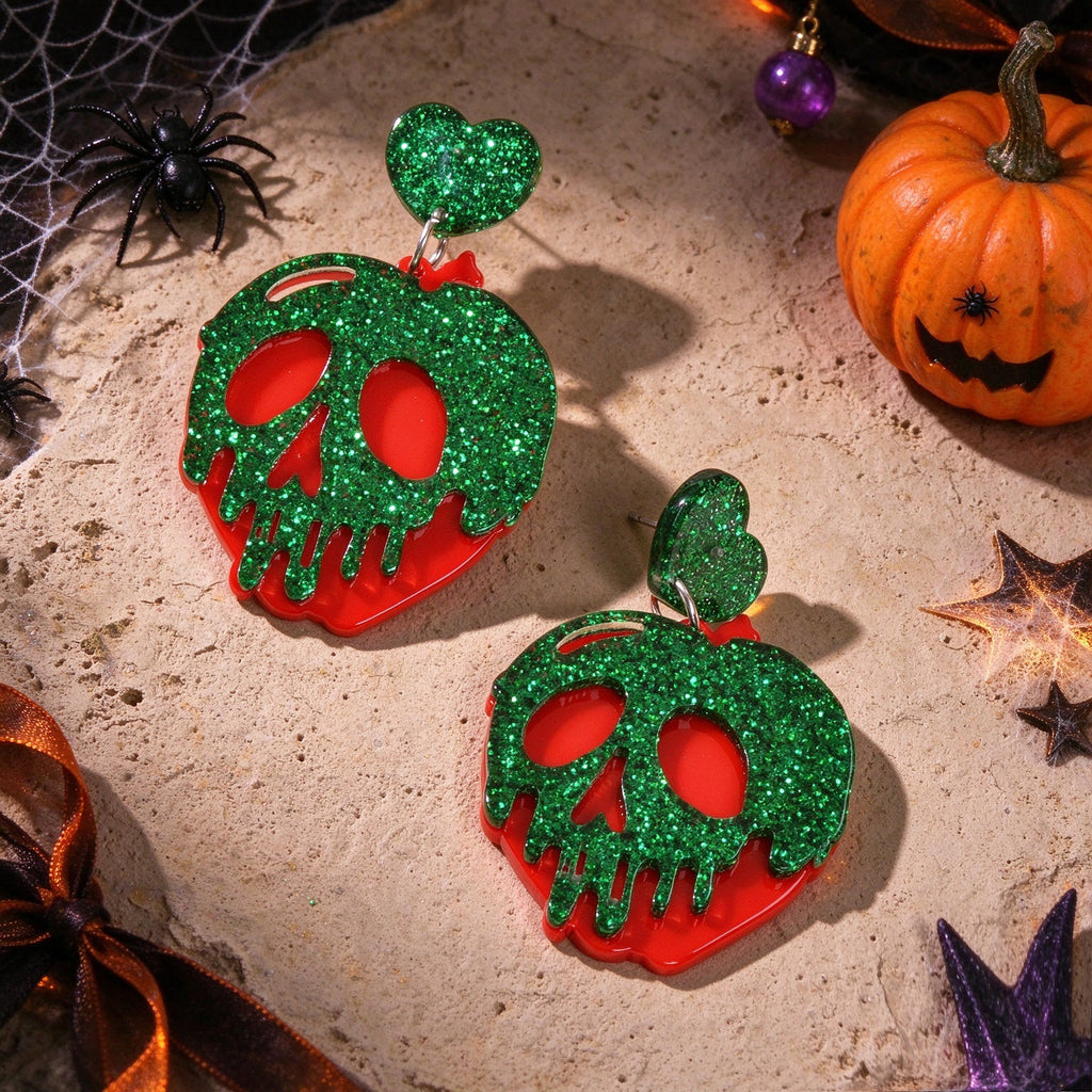Green glitter skull drop hook earrings with red eyes and heart charm, Halloween style
