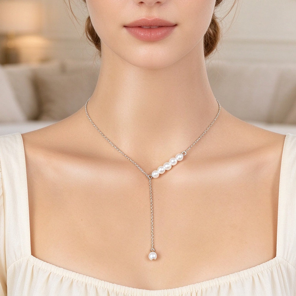 Silver Y-shaped adjustable necklace with pearl cluster and drop pearl