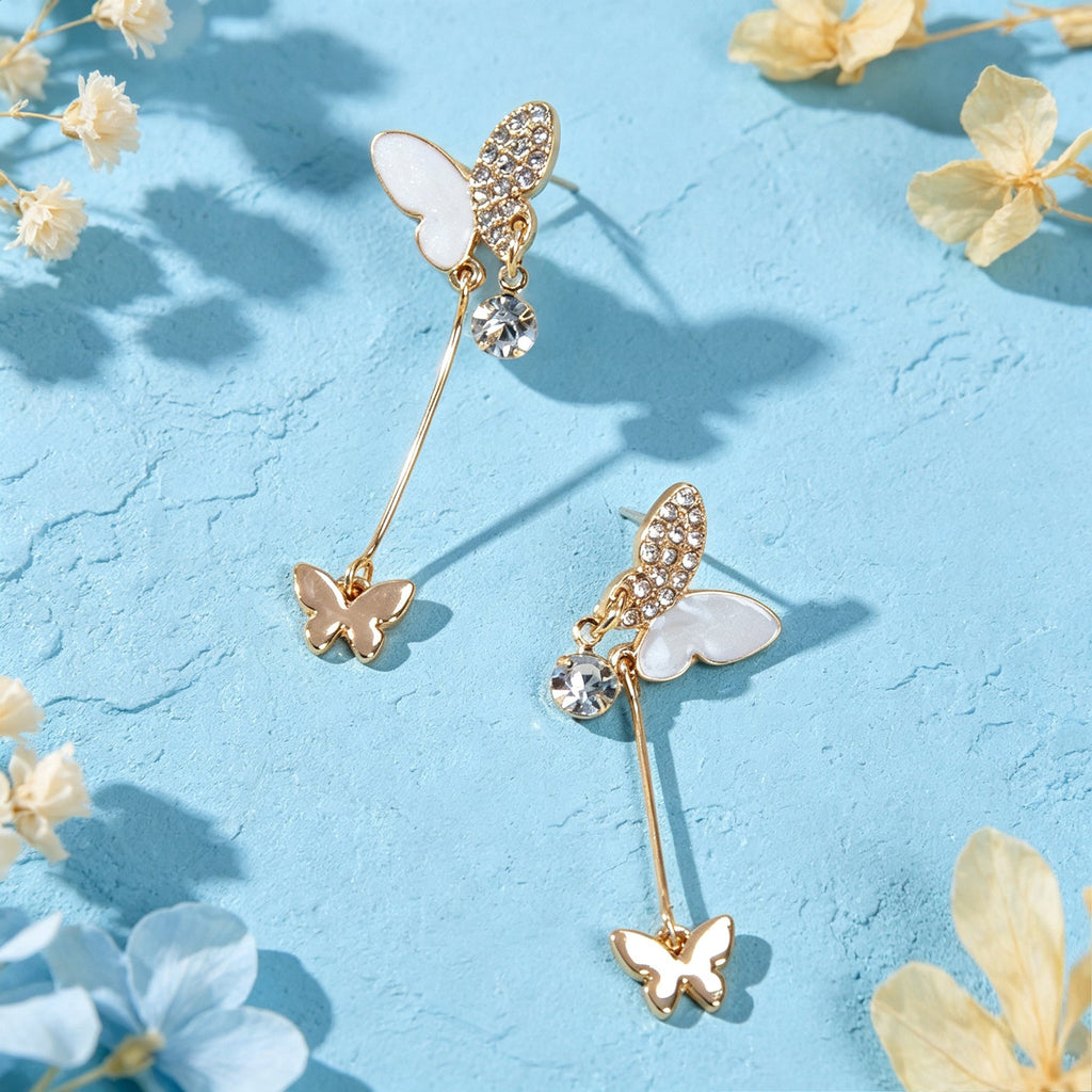 White Enamel Rhinestone Butterfly Pendant Earrings Dainty Gifts for Women Teens