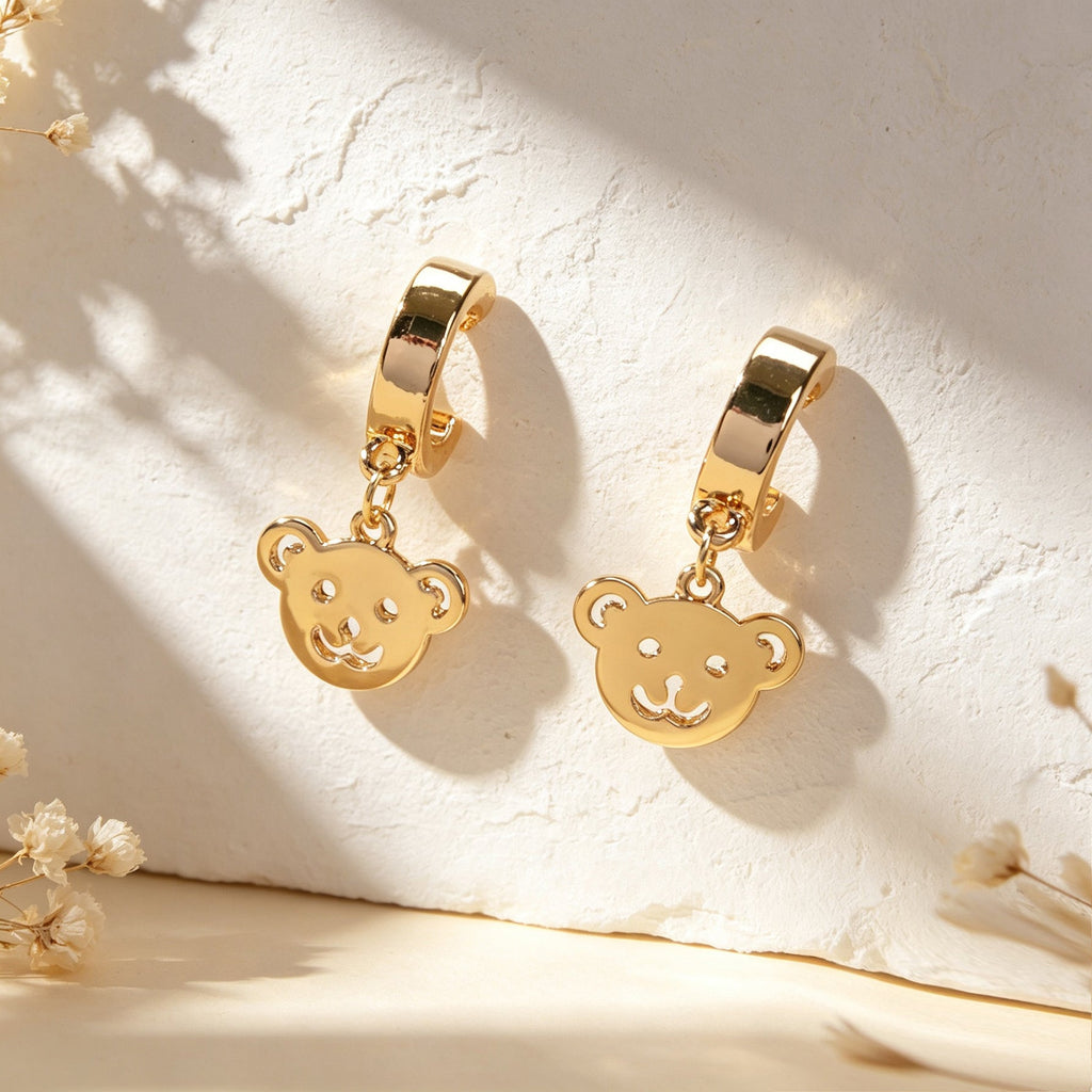 Cartoon Gold Smiley Bear Head Dangle Earrings Cute Animal Element Jewelry Birthday Gift