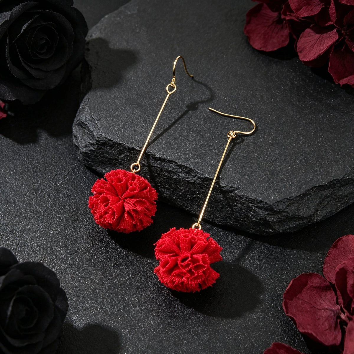 Red Flower Ball Drop Dangle Earrings Beautiful Women Girls Accessories Jewellery