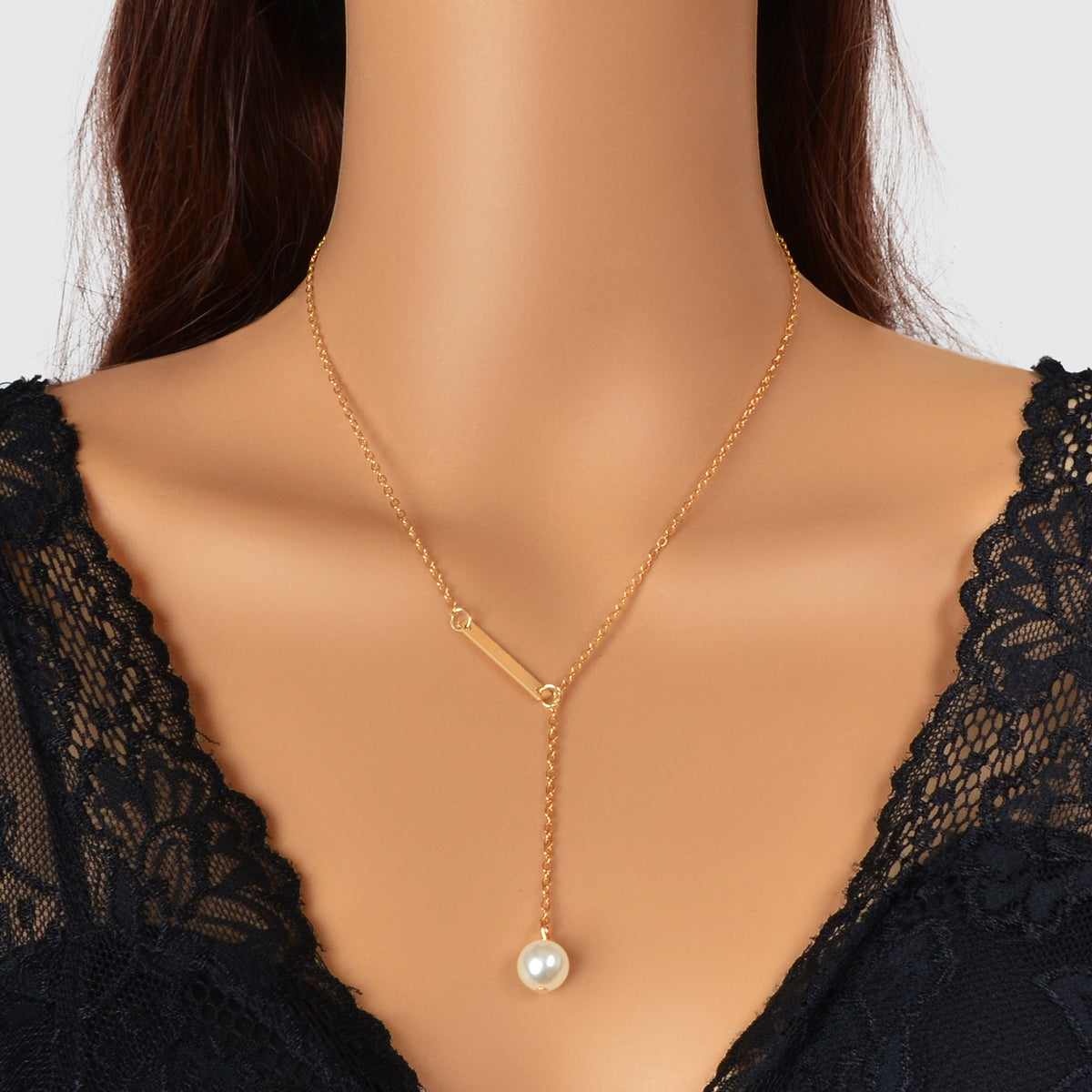 Designer Jewelry Gold Chain Geometric Bar Lariat Y-Shaped Pearl Pendant Necklace