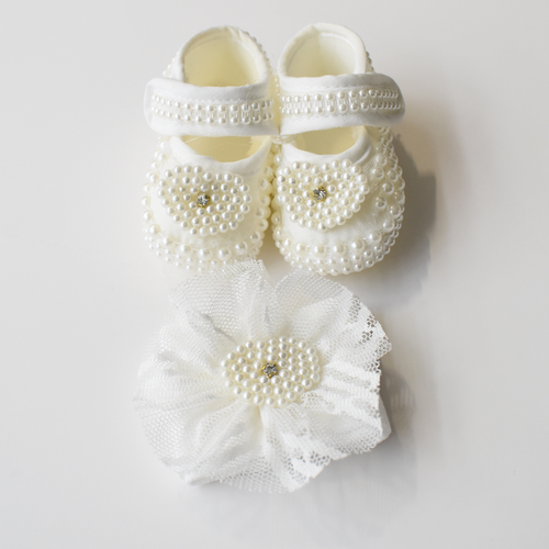 Offwhite baby pearl set with beaded shoes and tulle dress with flower applique