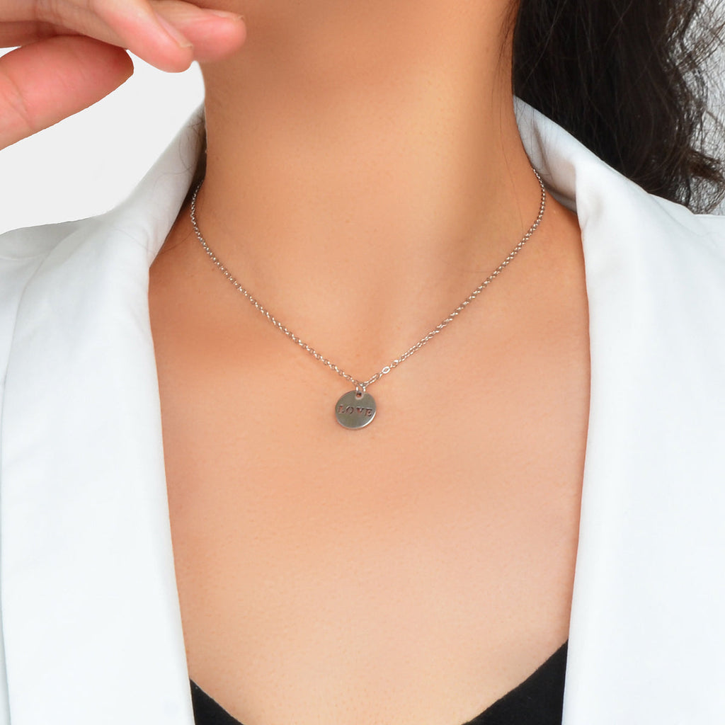 Minimalist Sliver Chain Stainless Steel Love Letter Round Disc Pendant Necklace
