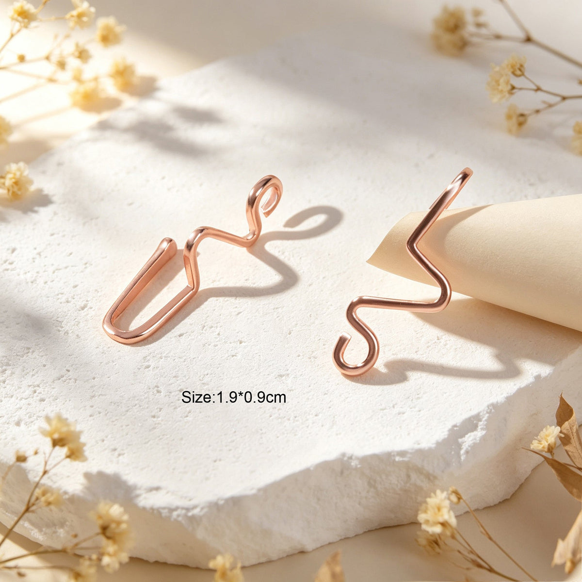 Rose gold wave ear cuffs, set of two, two cuff designs on stone
