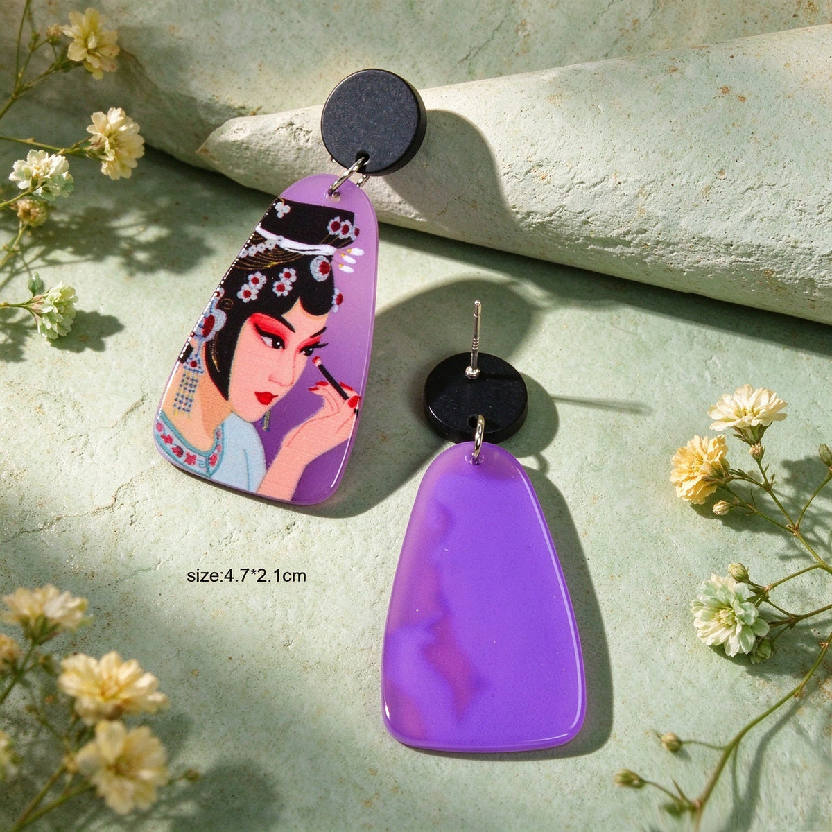 Purple and multicolor opera figure dangle earrings with black round tops