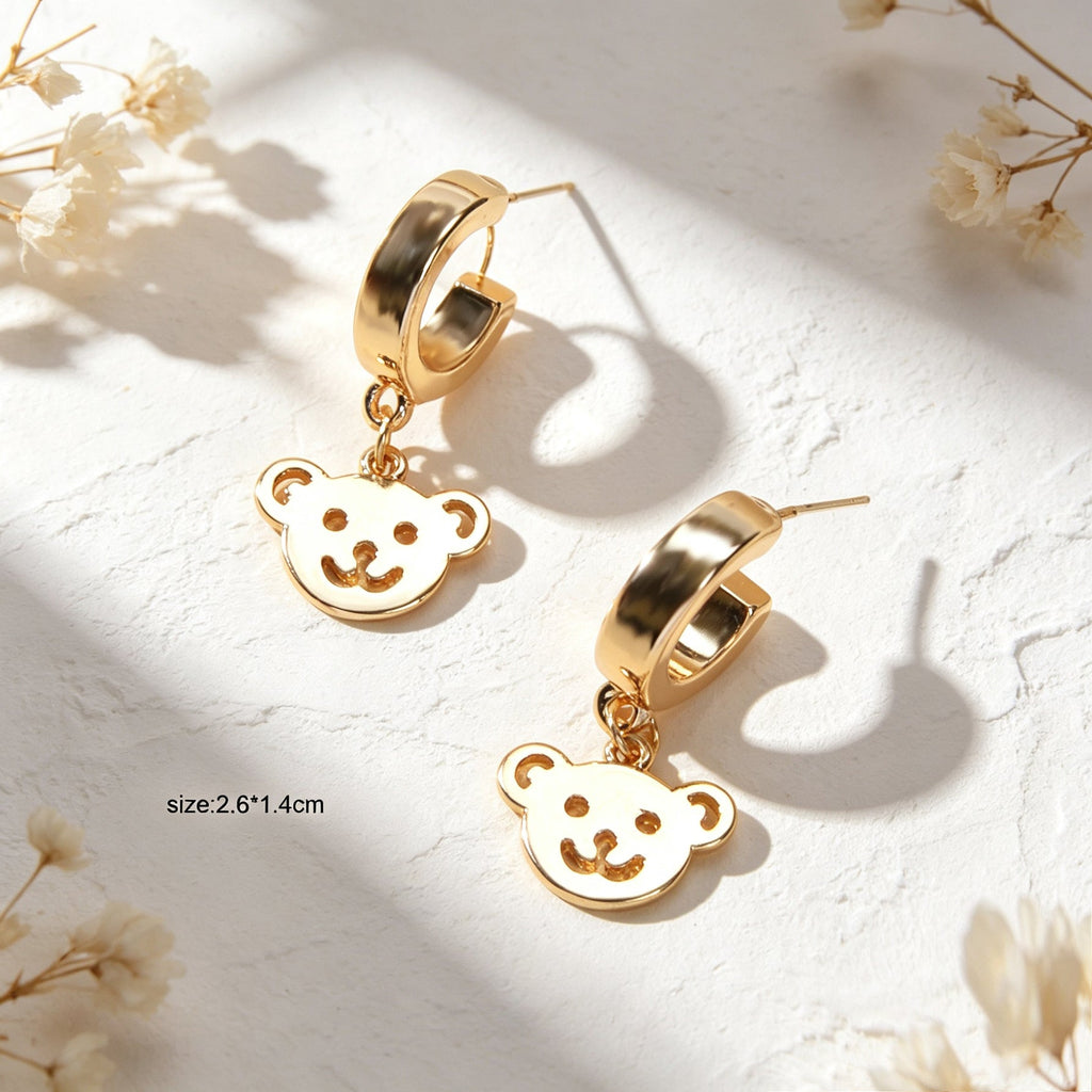 Cartoon Gold Smiley Bear Head Dangle Earrings Cute Animal Element Jewelry Birthday Gift