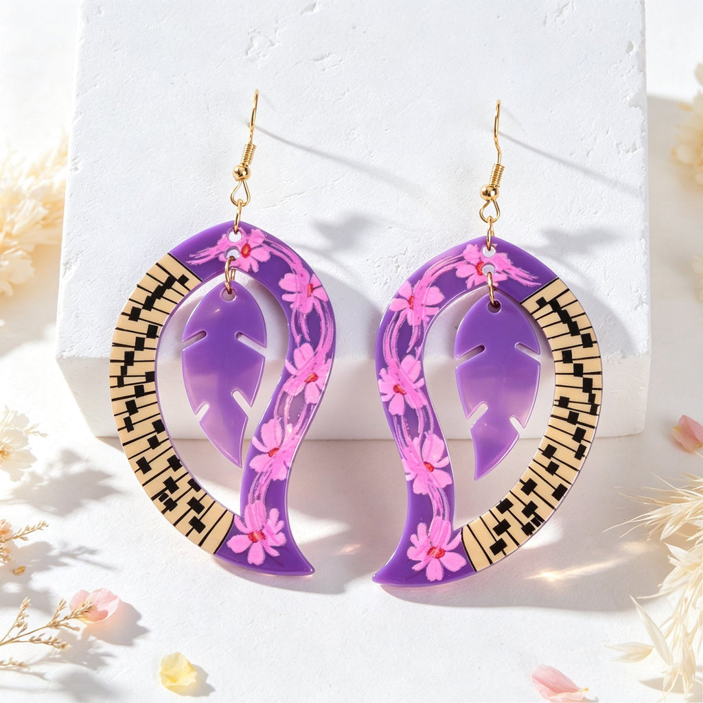 Purple leaf dangle earrings with pink blossoms, gold hooks, piano-key patterned back