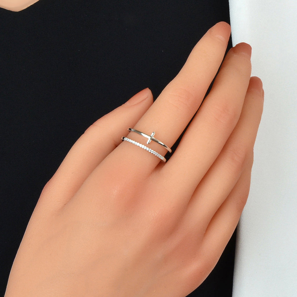 Designer Stylish Rhinestone Decor Silver Hollow out Cross Open Cuff Finger Ring