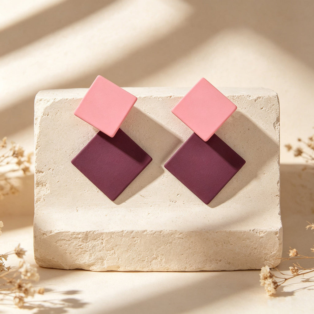 Retro Two Tone Geometric Square Stud Earrings Elegant Daily Party Jewelry Gift