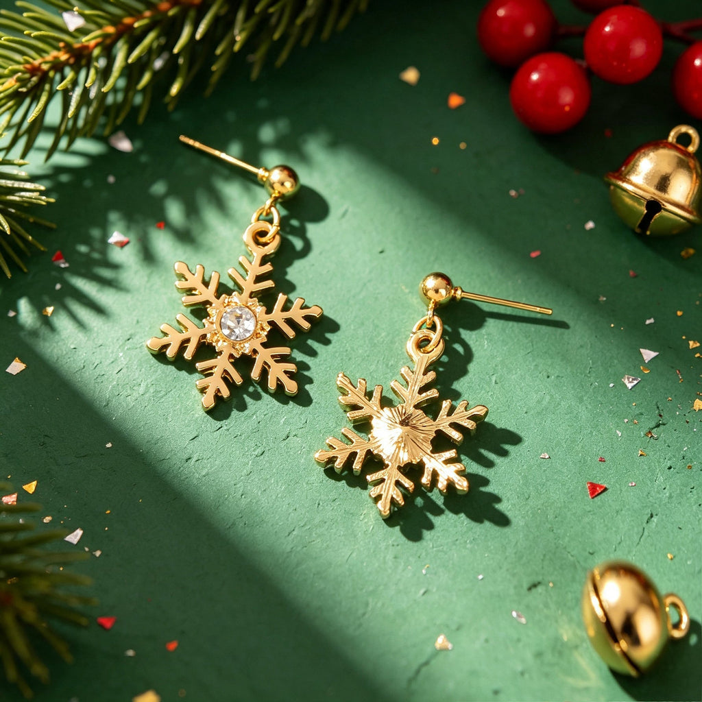 Christmas Jewellery Rhinestone Gold Snowflake Drop Earrings Festival Accessories