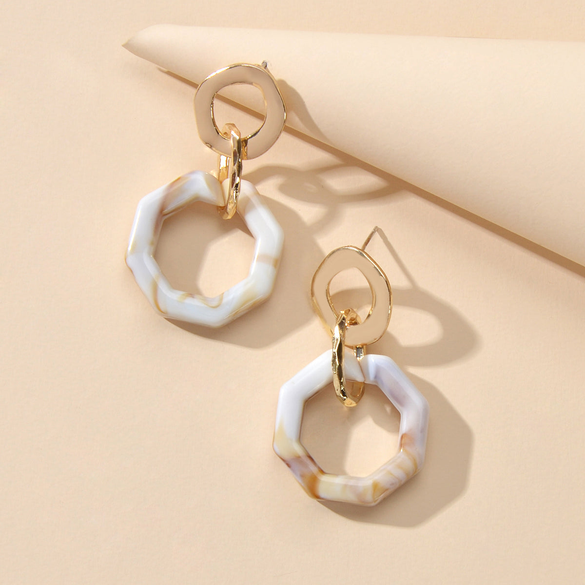 Retro Gold Lock Mottled Acrylic Marble Dangle Geometric Pierced Party Earrings