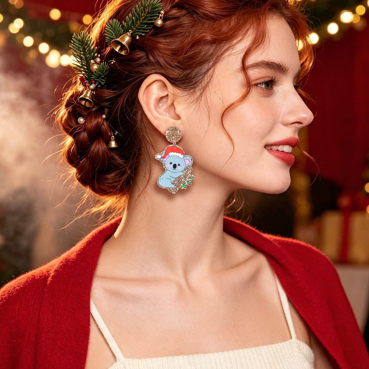 Cartoon koala drop earrings with Santa hat and glitter stud, enamel details