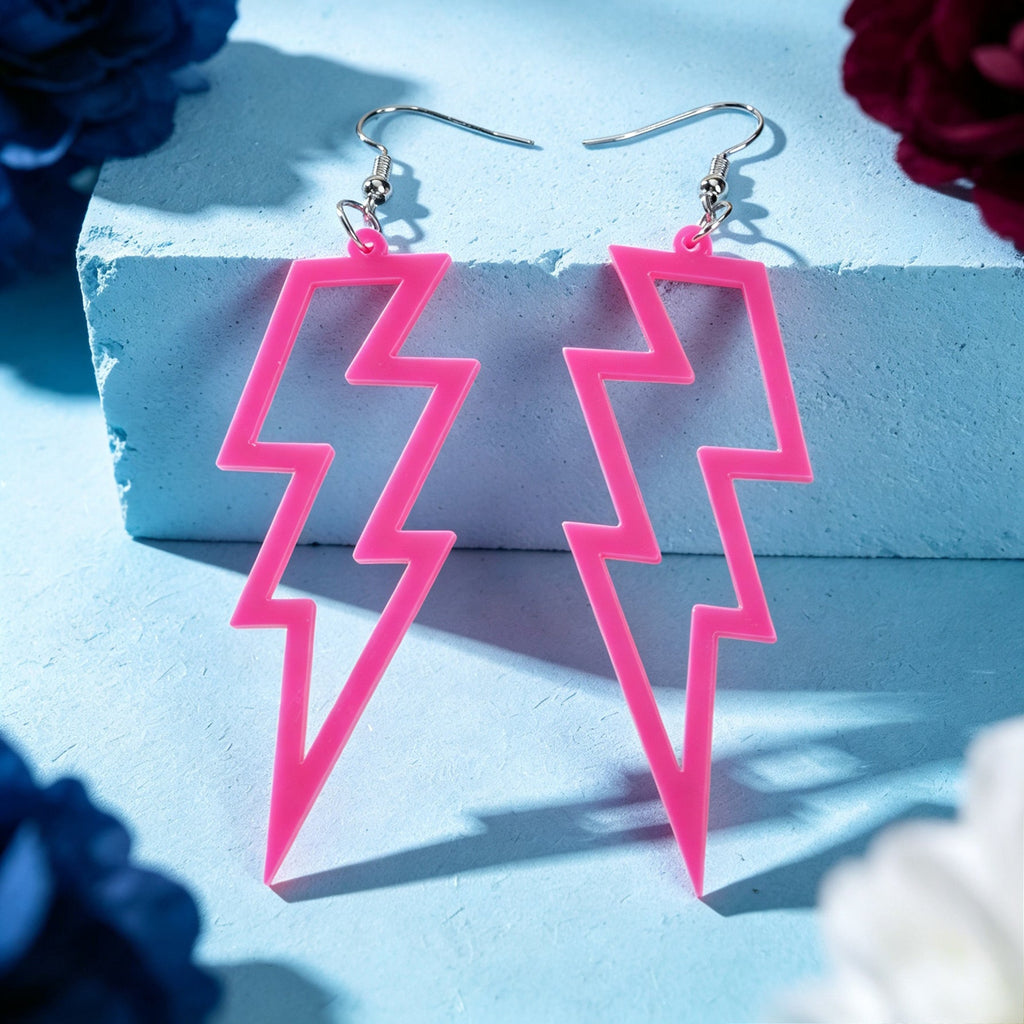 Hot pink lightning bolt dangle earrings with silver hooks