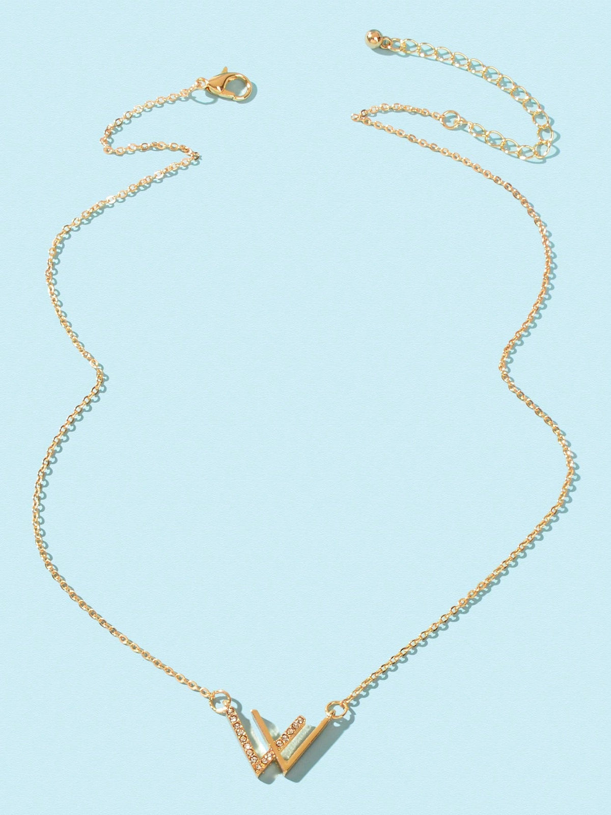 Gold rhinestone V charm necklace with V pendant and chain links