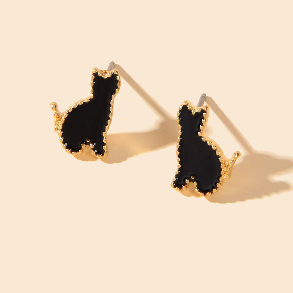 Cute Black Enamel Cat Gold Plated Stud Earrings Animal Jewellery Gift for Women