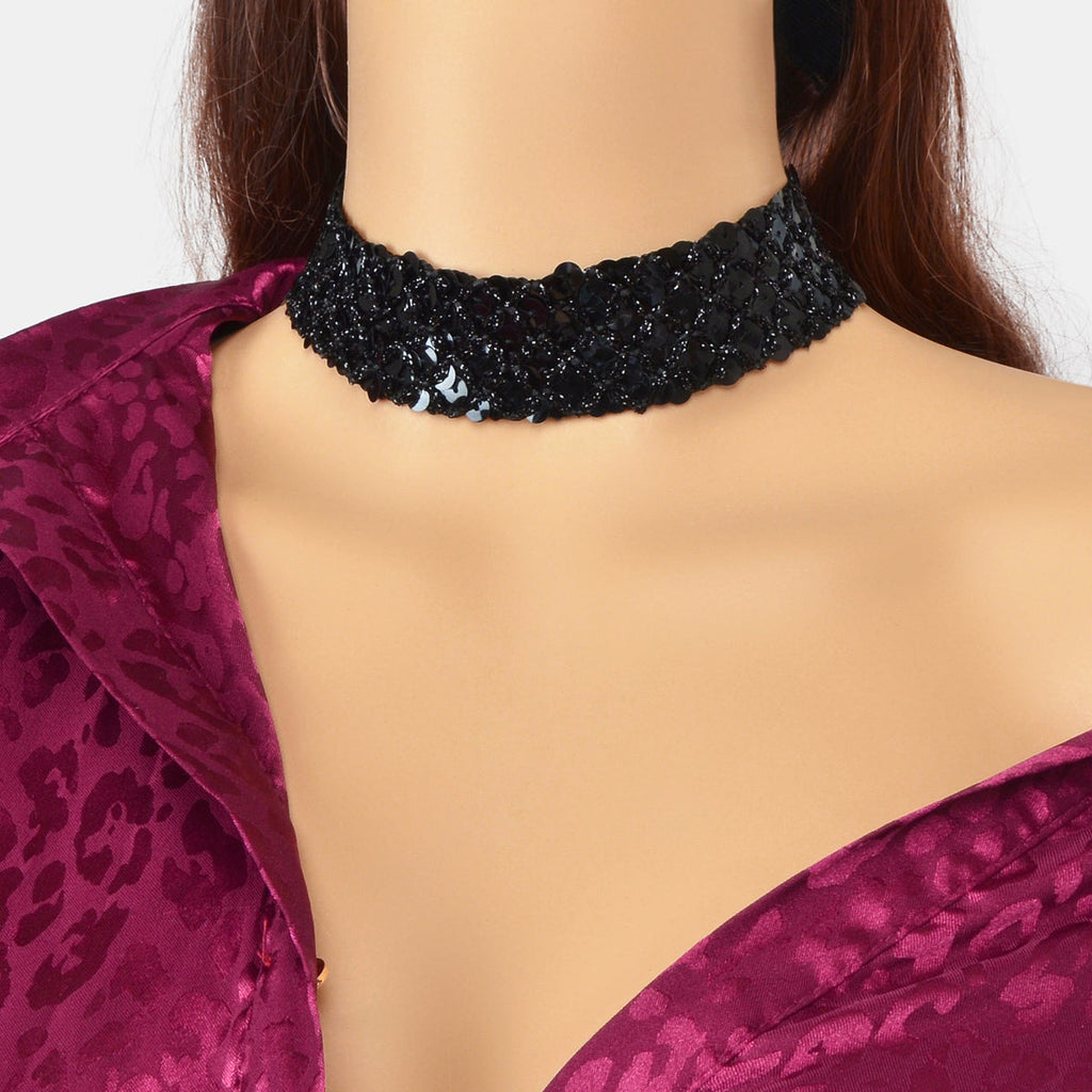 Shinny Wide Black Silver Sequin Choker Necklace Short Collar Costume Jewellery