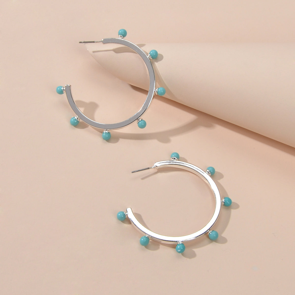 Designer Stylish Blue Hotpink Beads Silver Circle C Hoop Huggie Stud Earrings