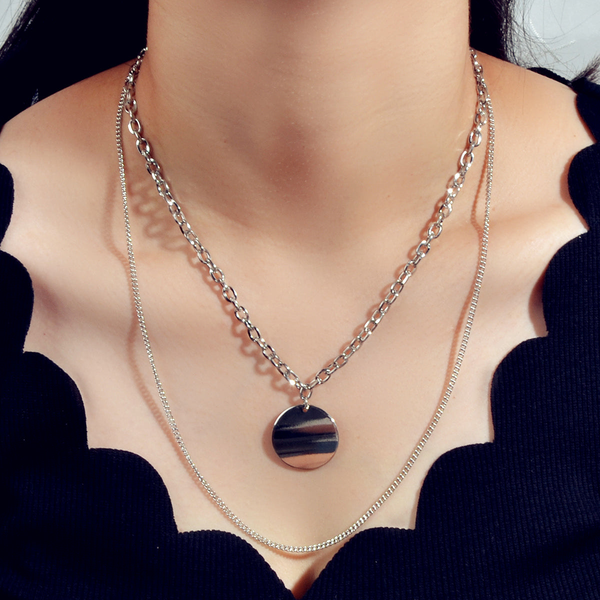 Statement Jewelry Double layer Silver Long Chain Geometric Round Charm Necklace