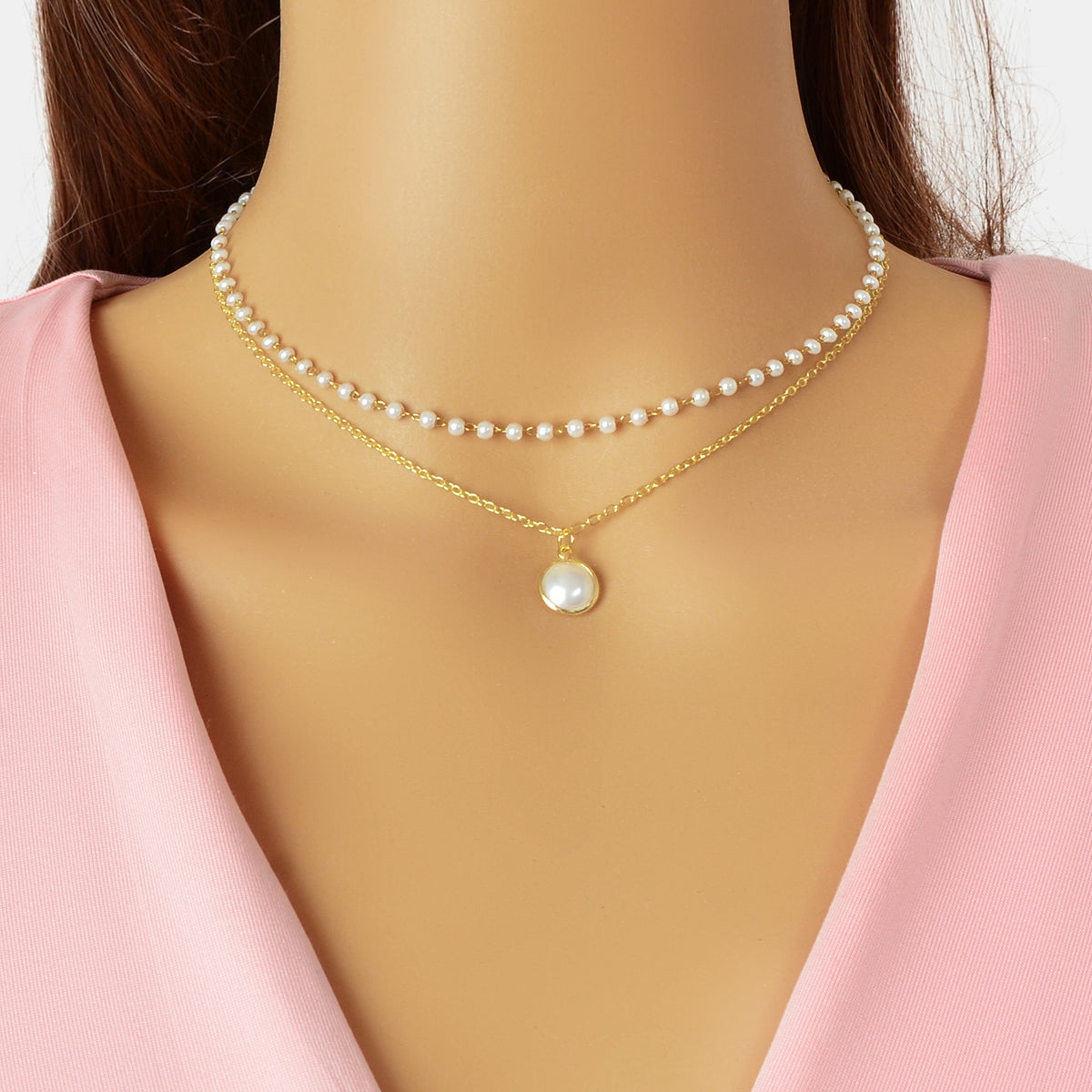 2 Layers Women Gold Pearl Charm Pendant Necklace Boho Statement Beautiful Choker