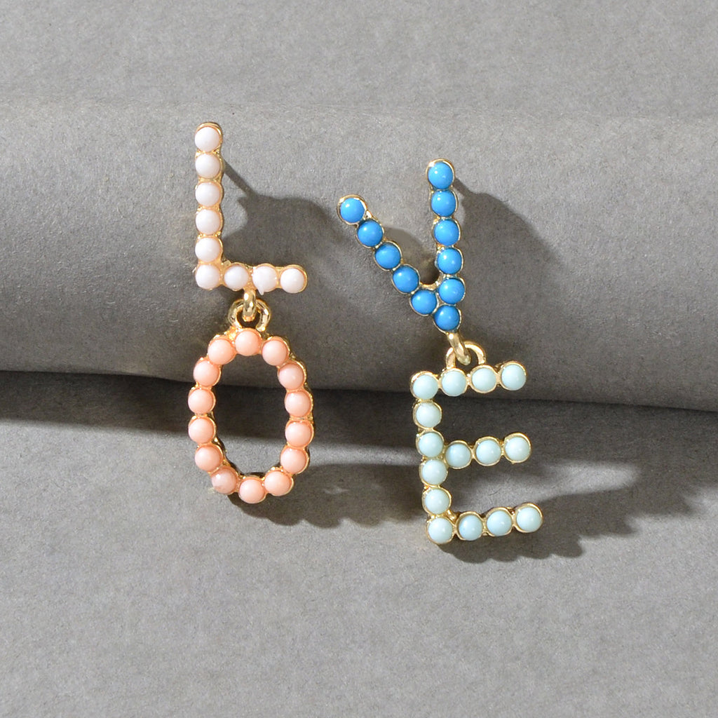 Candy-color beaded LOVE letter dangling earrings, pink and blue, pearly bead loops