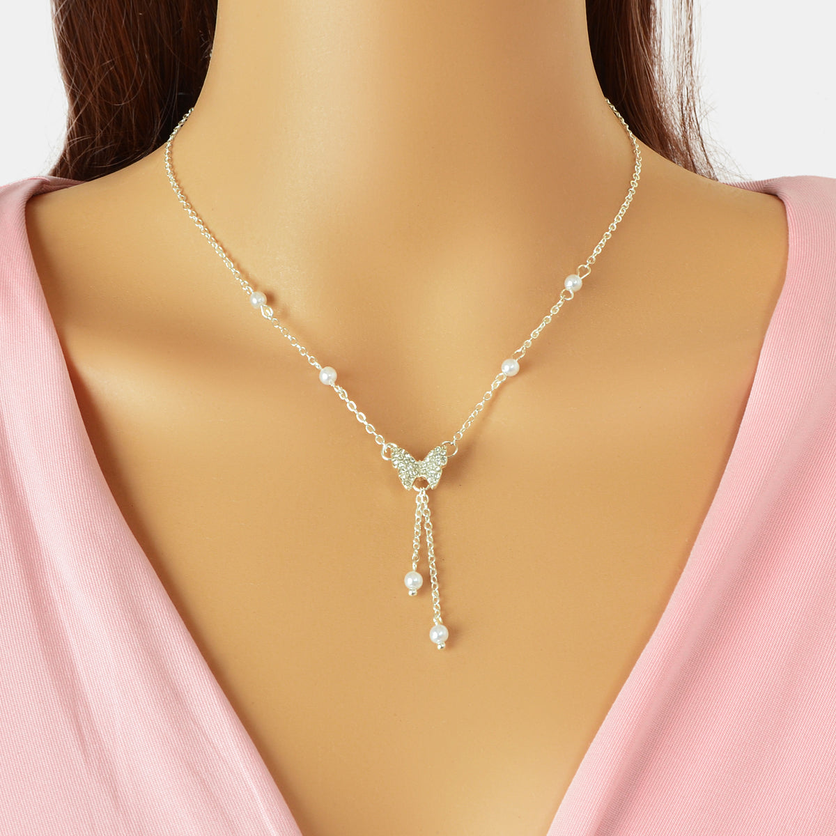 Sparkling Butterfly Pendant Y-Drop Necklace Tassel Clavicle Collar Women Jewelry