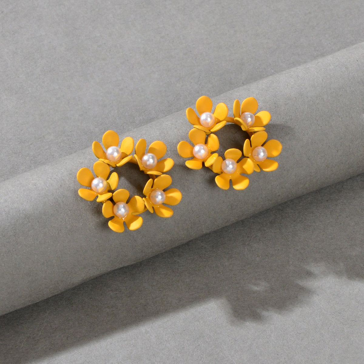 Delicate Pearl Decoration Yellow Flower Stud Hypoallergenic Small Women Earrings