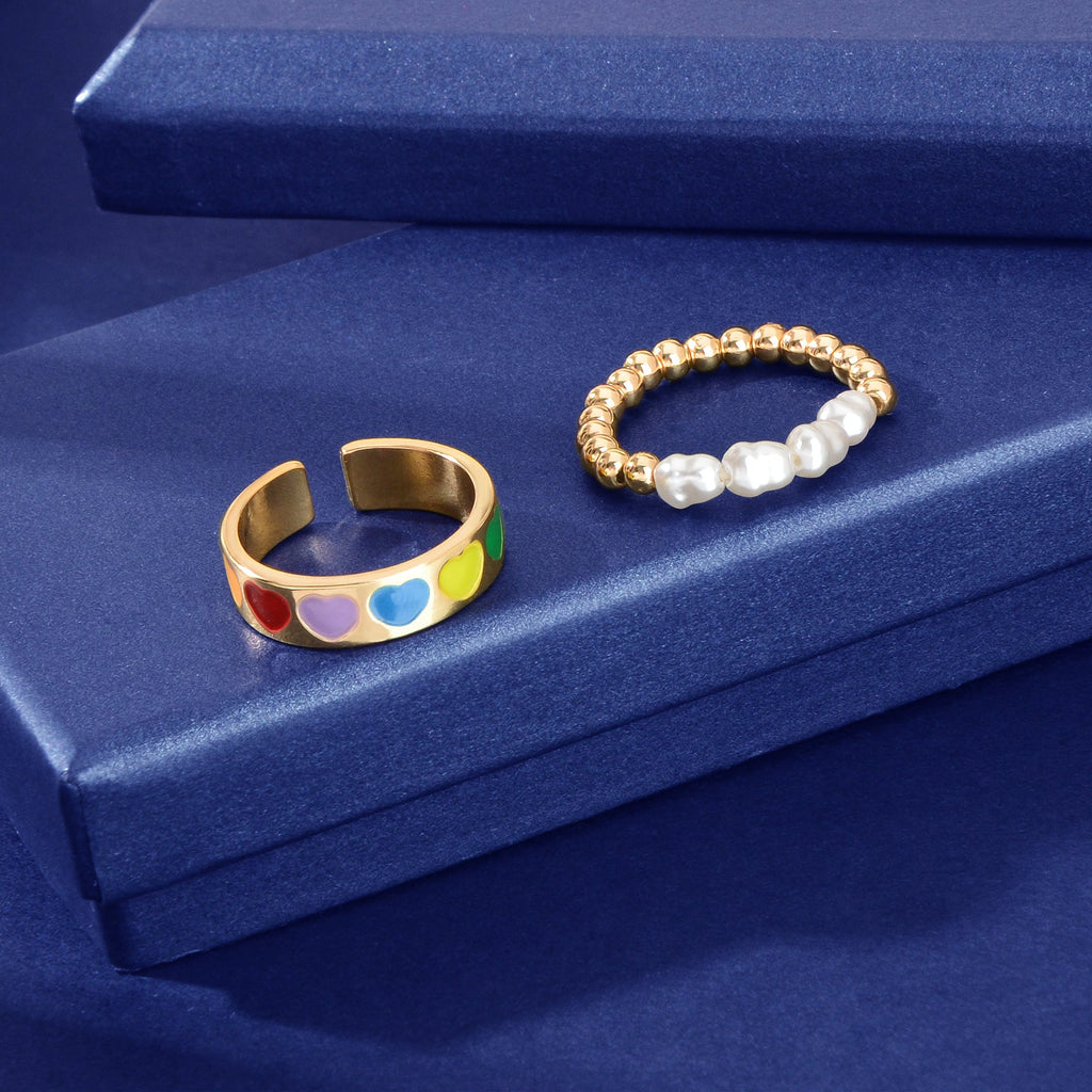Set of elastic heart finger rings, multicolor enamel band and gold pearl bead ring