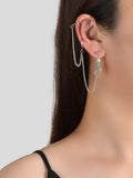 Silver-tone ear cuff with long chain, small hoop, and feather charm