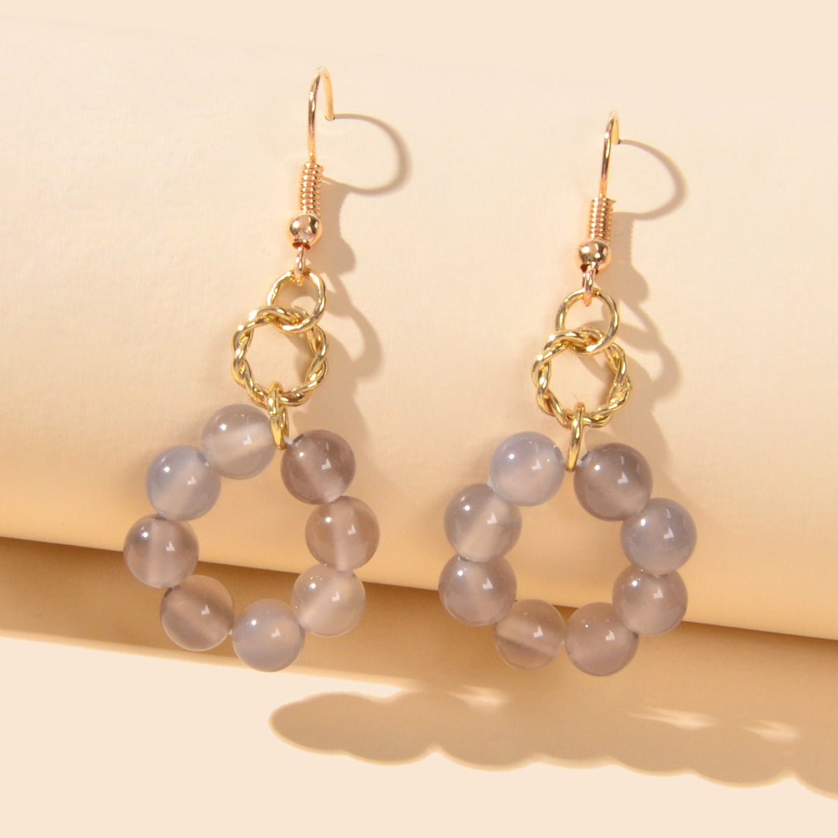 Elegant Designer Jewellery Gold Circle Grey Beads Dangling Elements Earrings
