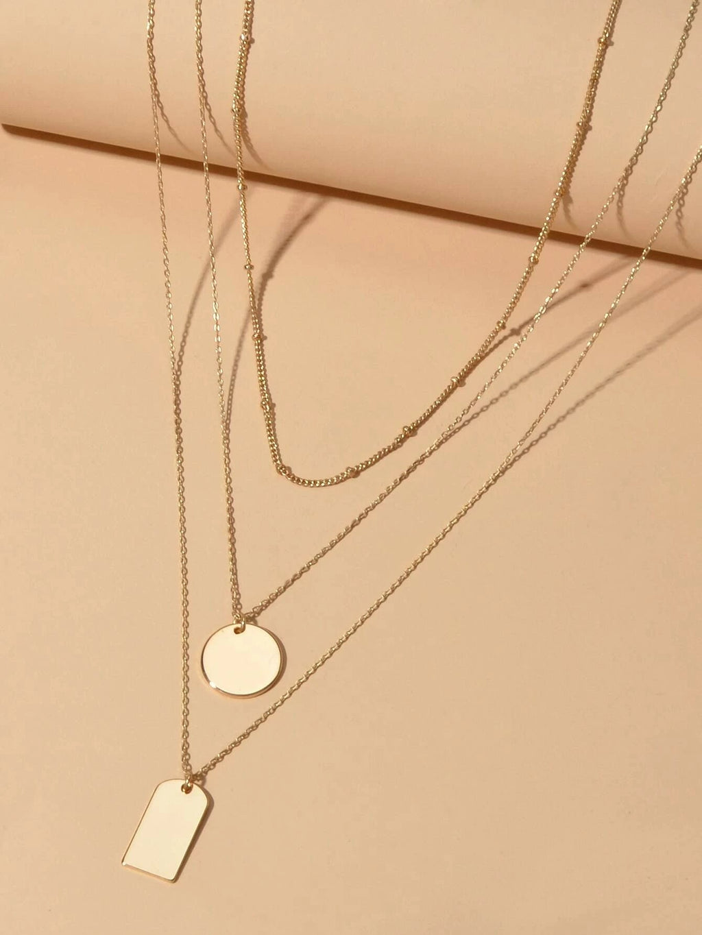 3pcs Multi-layer Gold Tone Chain Round Square Pendant Necklace Girls Teens Gift