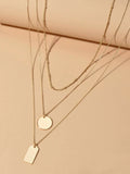 3pcs Multi-layer Gold Tone Chain Round Square Pendant Necklace Girls Teens Gift