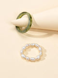 2pcs Pearl Elastic Retro Green Red Acrylic Ring