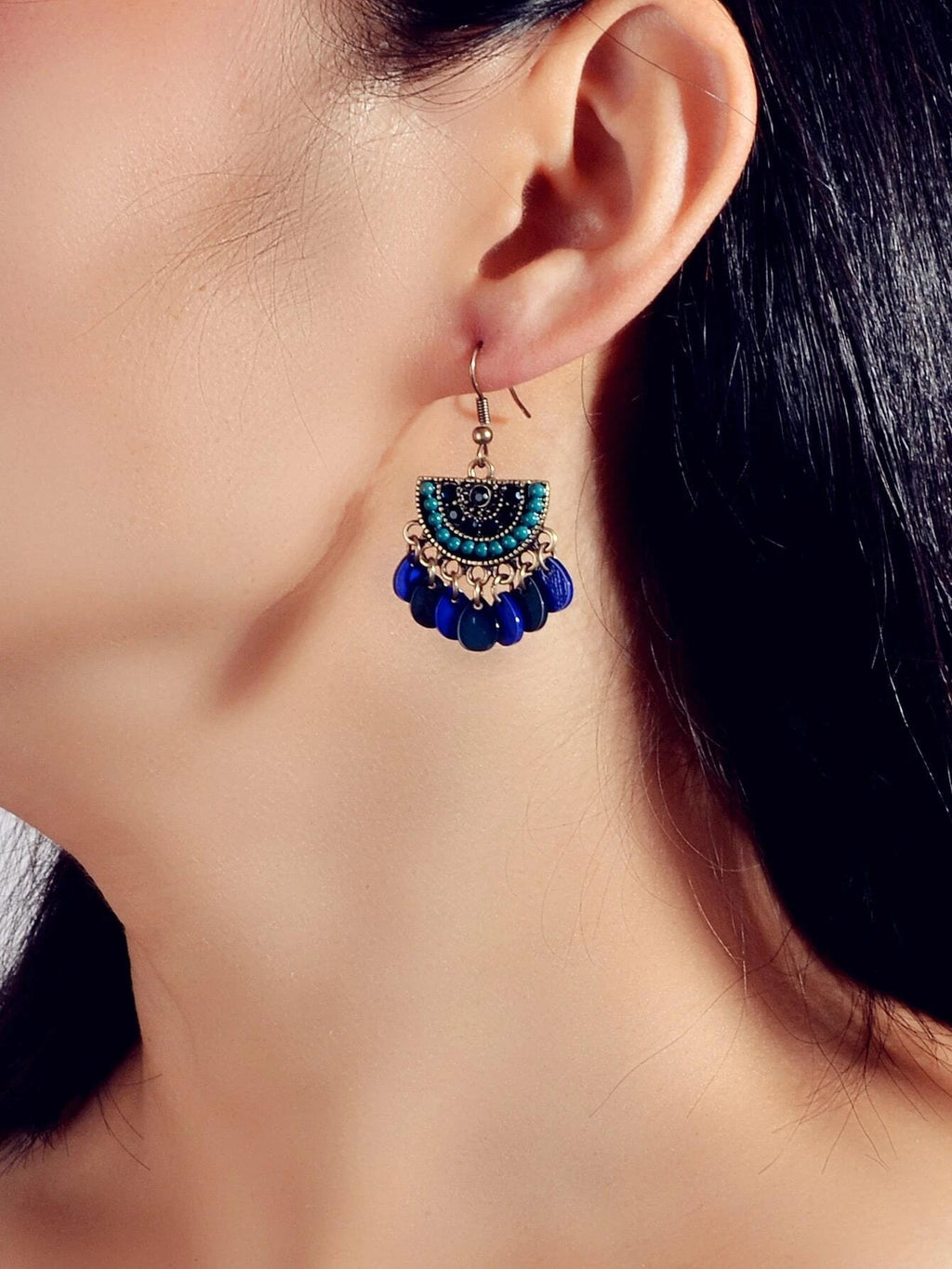 Boho Jewellery Blue Beads Sectored Water Drop Earrings Ethnic Women Accessories