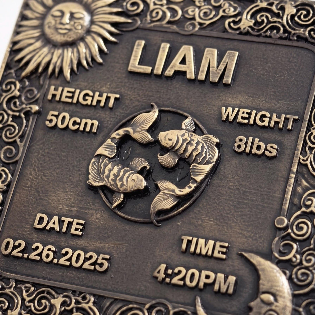Personalized Brass Birth Plaque Tile for New Borns | Brass Zodiac Sun Sign Plaques | Antique Gold Finish